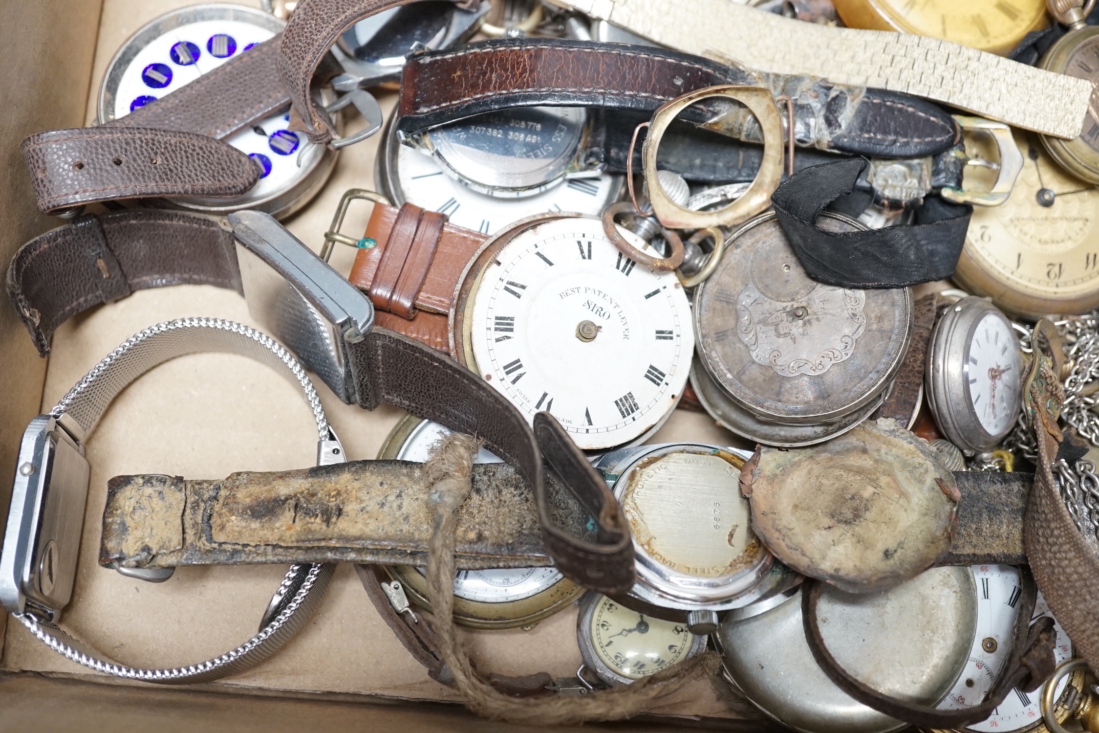 A collection of assorted wrist and pocket watches, mostly a.f. including an 18k Swiss chronograph wrist watch.